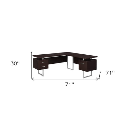 71" Taupe and Silver L Shape Computer Desk With Three Drawers