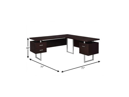 71" Taupe and Silver L Shape Computer Desk With Three Drawers