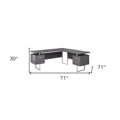 71" Gray and Black L Shape Computer Desk With Three Drawers