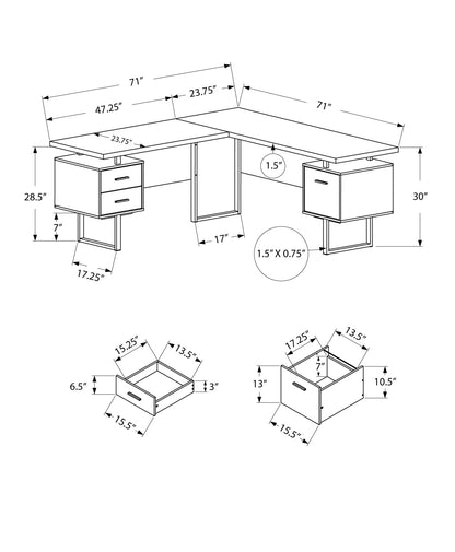 71" Gray and Black L Shape Computer Desk With Three Drawers