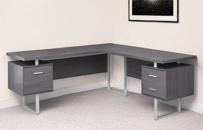 71" Taupe and Silver L Shape Computer Desk With Three Drawers