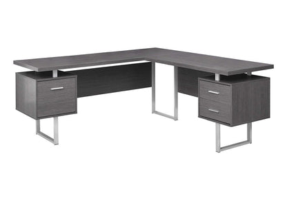 71" Taupe and Silver L Shape Computer Desk With Three Drawers