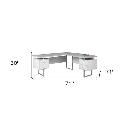 71" Taupe and Silver L Shape Computer Desk With Three Drawers