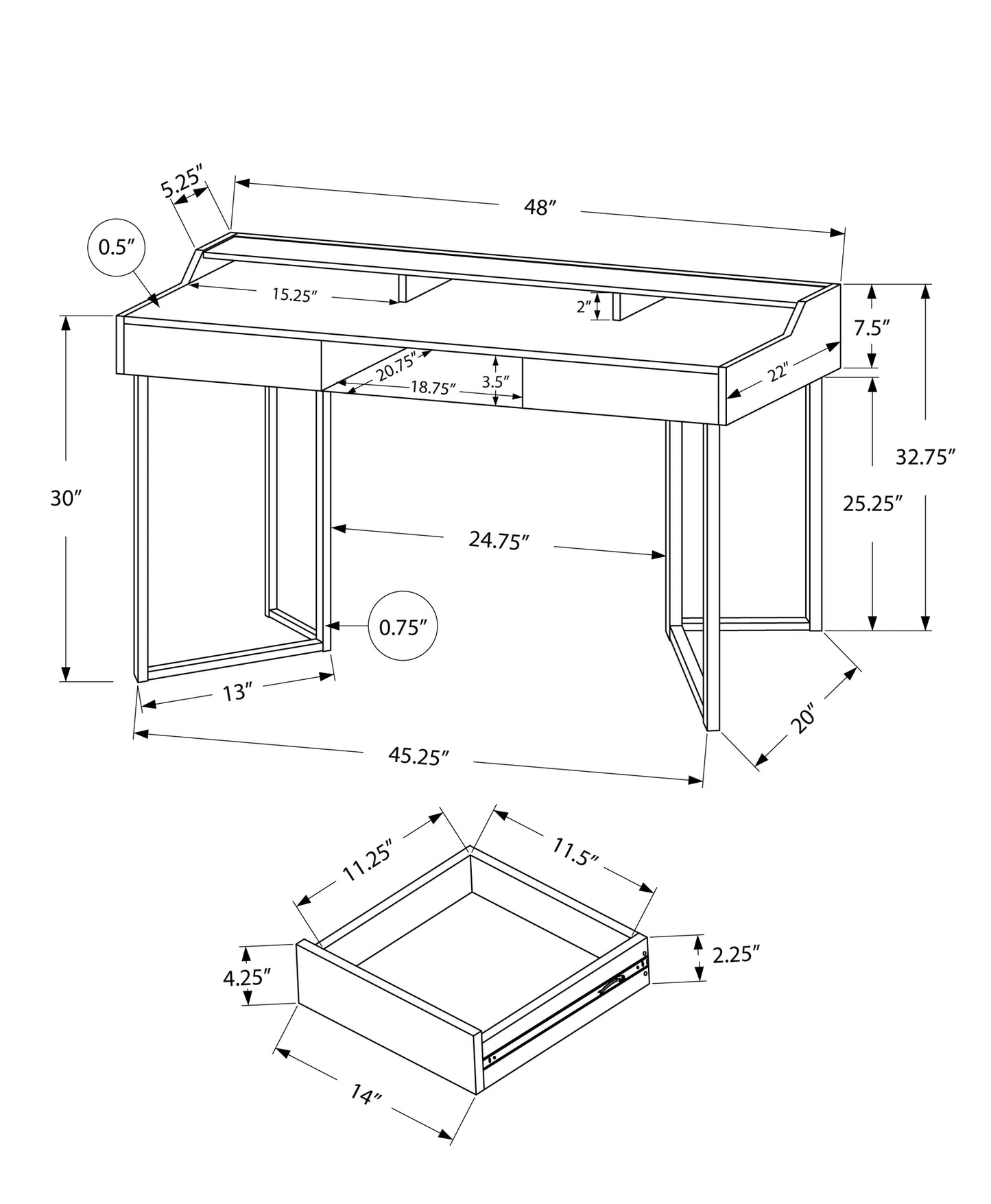 22" Taupe and Black Writing Desk With Two Drawers