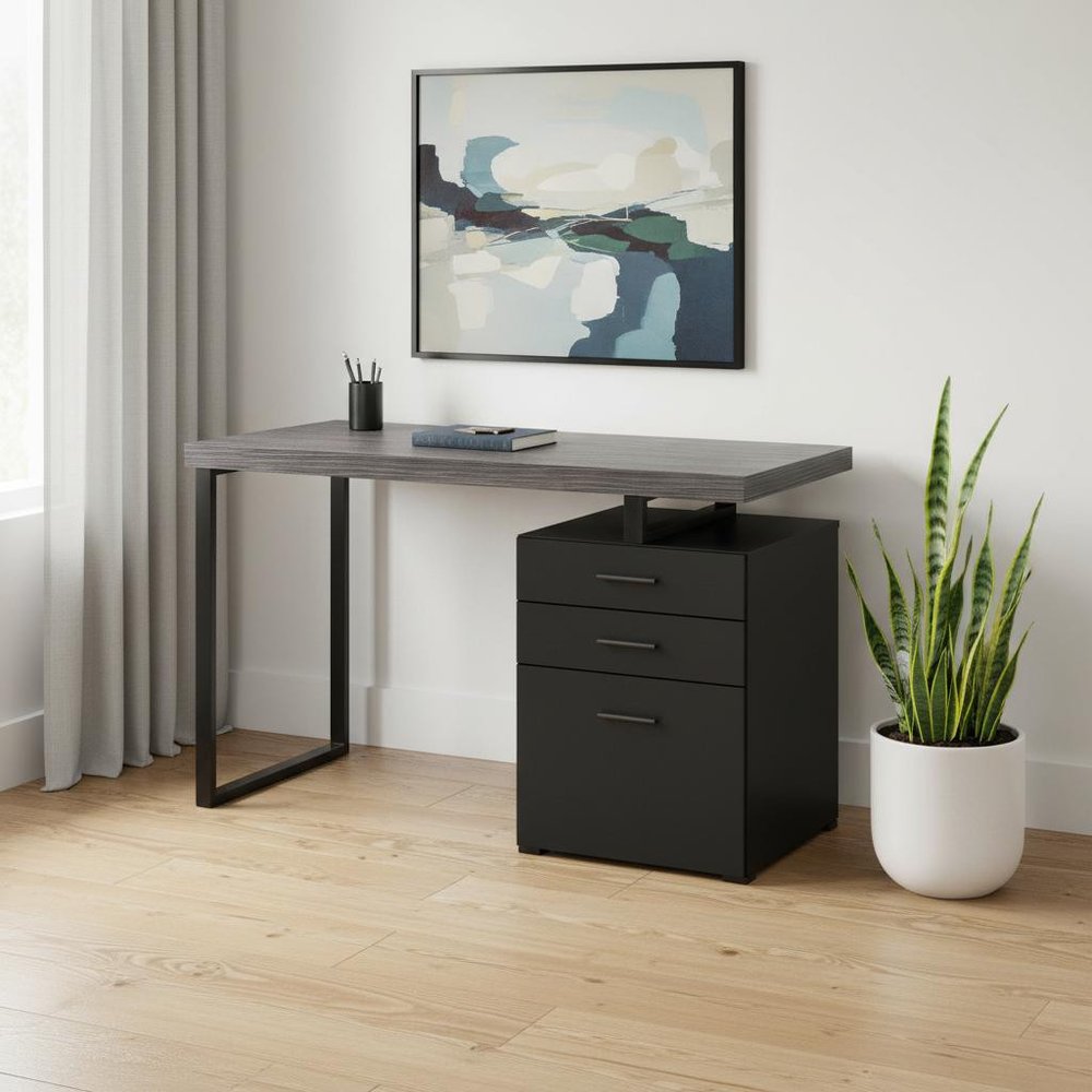 24" Gray and Black Computer Desk With Three Drawers