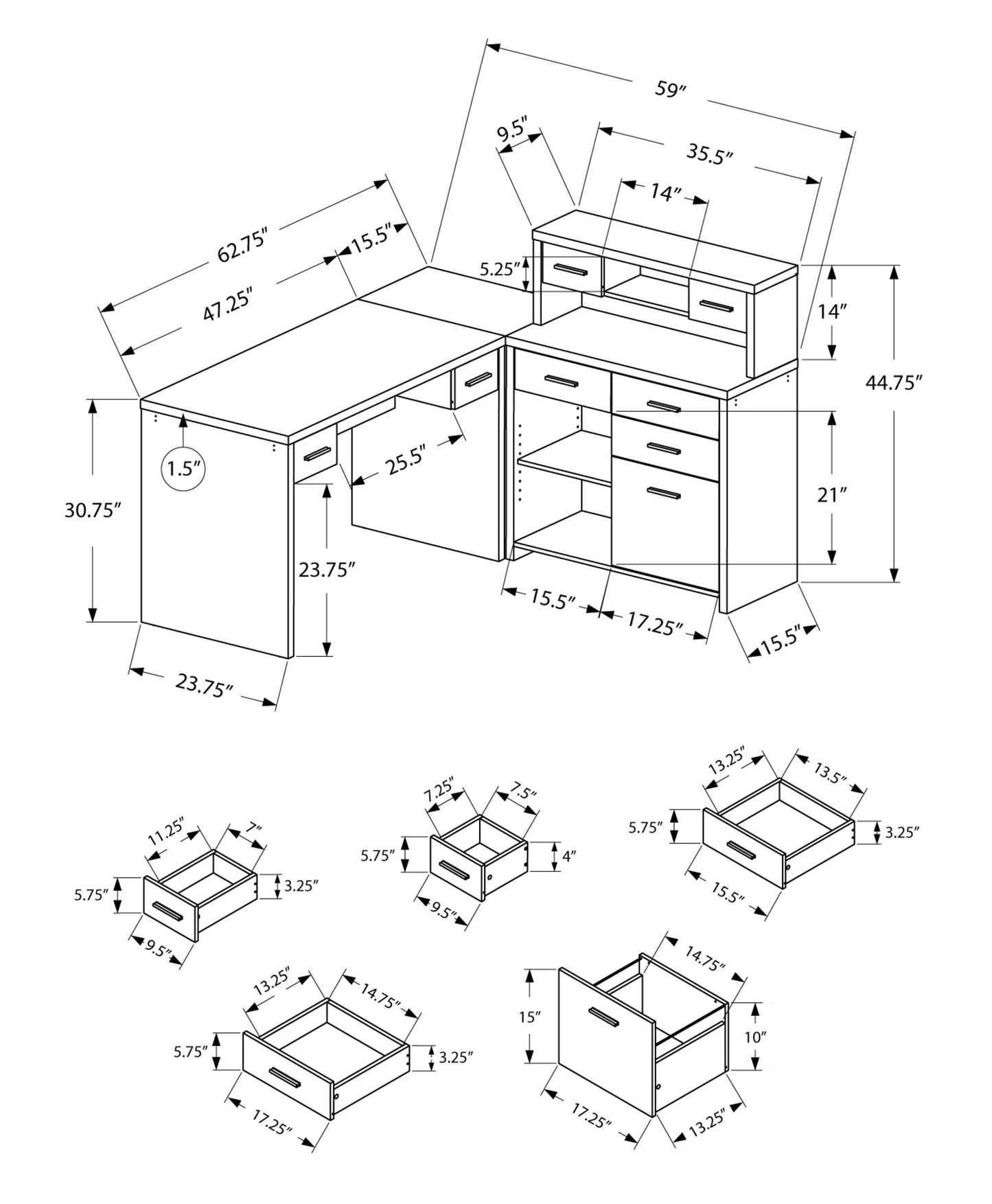 24" Gray and Black Computer Desk With Three Drawers