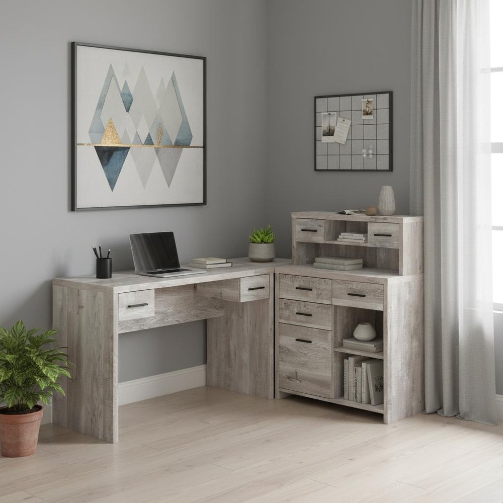 63" Taupe L Shape Computer Desk With Eight Drawers