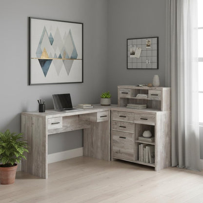 63" Taupe L Shape Computer Desk With Eight Drawers