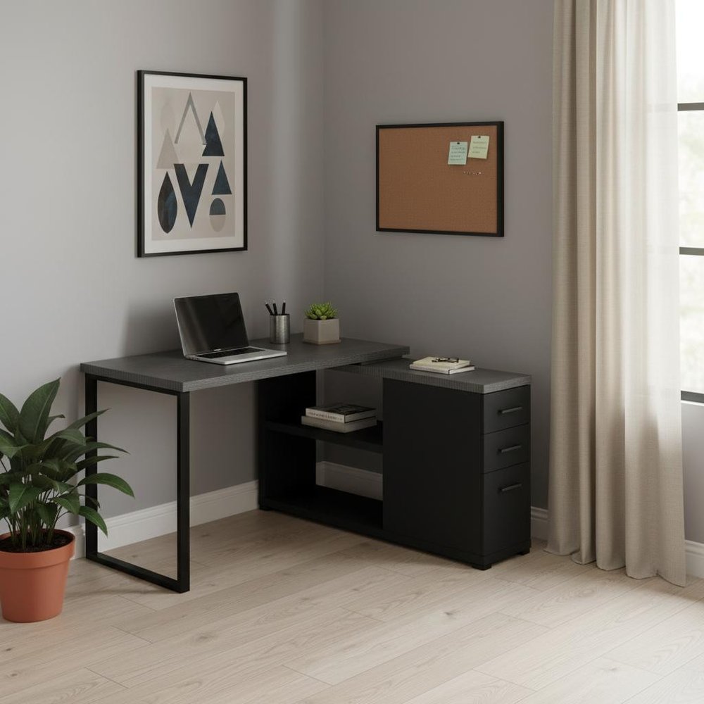 47" White and Silver L Shape Computer Desk With Three Drawers