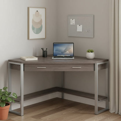 42" Dark Brown and Silver Corner Computer Desk
