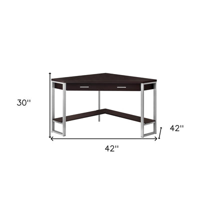 42" Dark Brown and Silver Corner Computer Desk