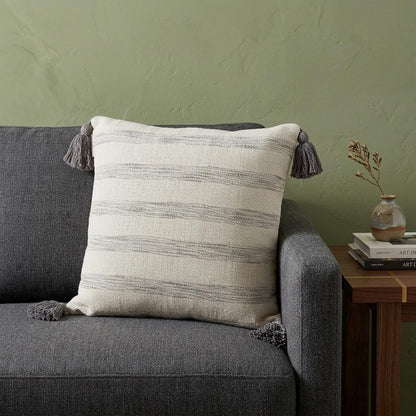 18" Beige and Gray Striped Cotton Throw Pillow With Tassels