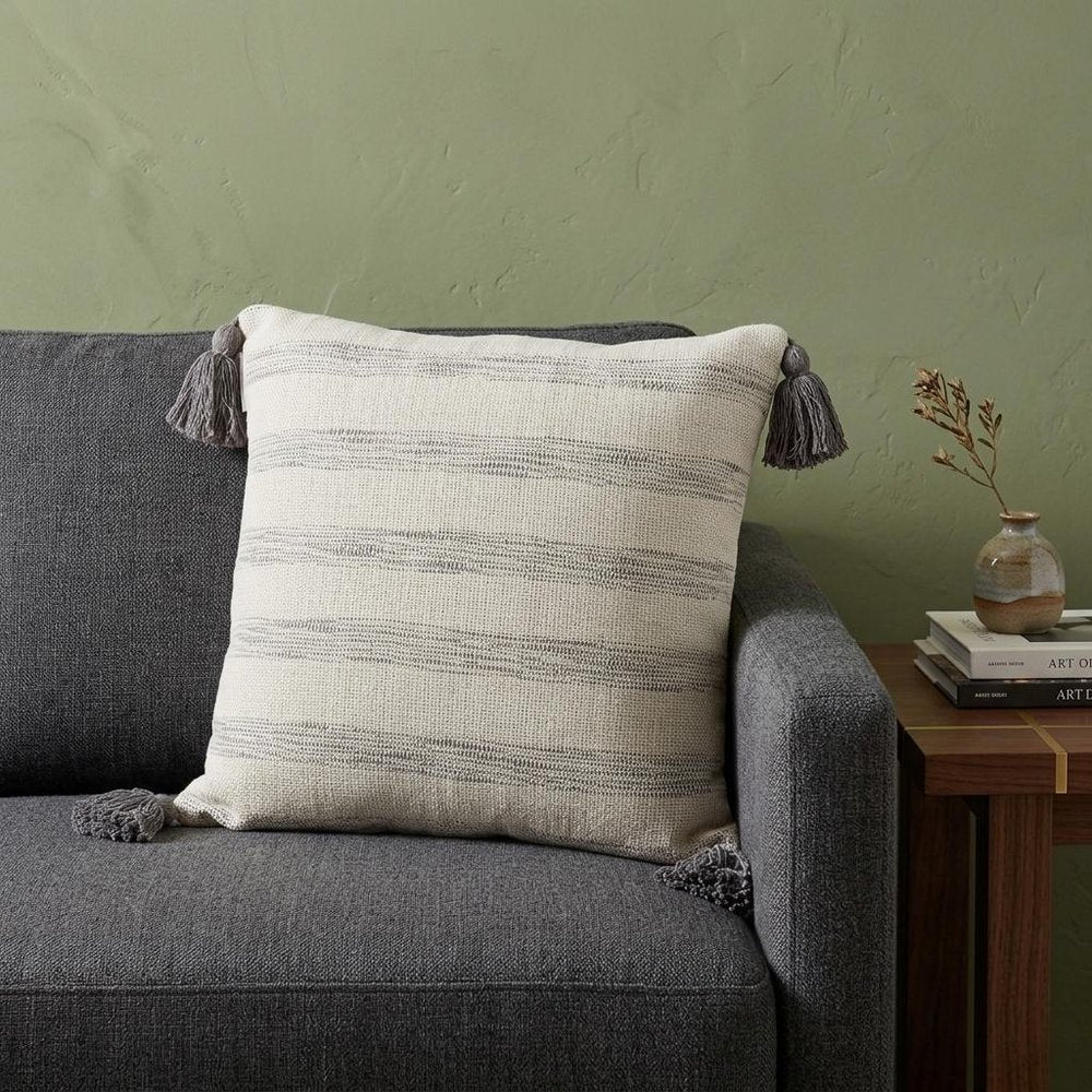 18" Beige and Gray Striped Cotton Throw Pillow With Tassels