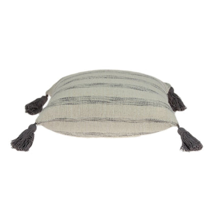 18" Beige and Gray Striped Cotton Throw Pillow With Tassels