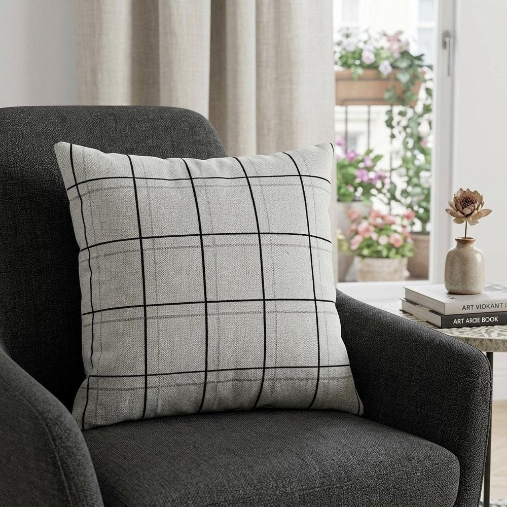 20" Gray Plaid Cotton Throw Pillow
