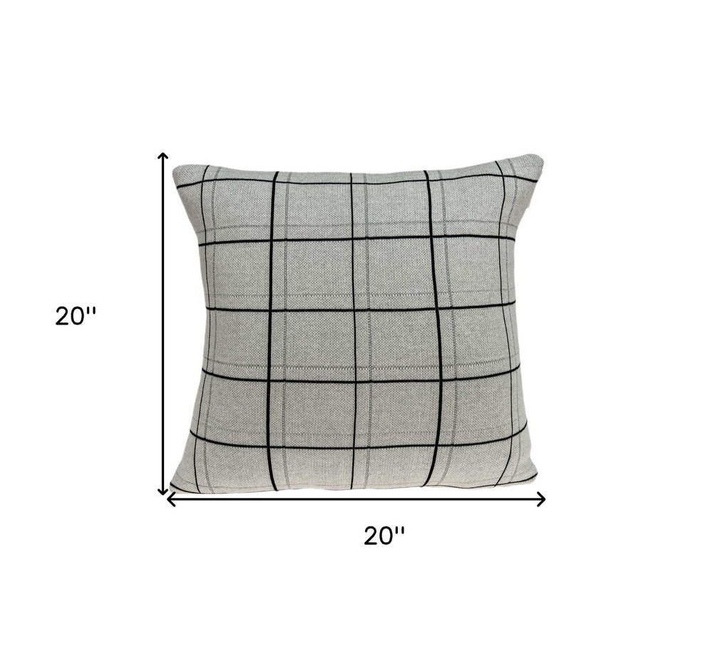 20" Gray Plaid Cotton Throw Pillow