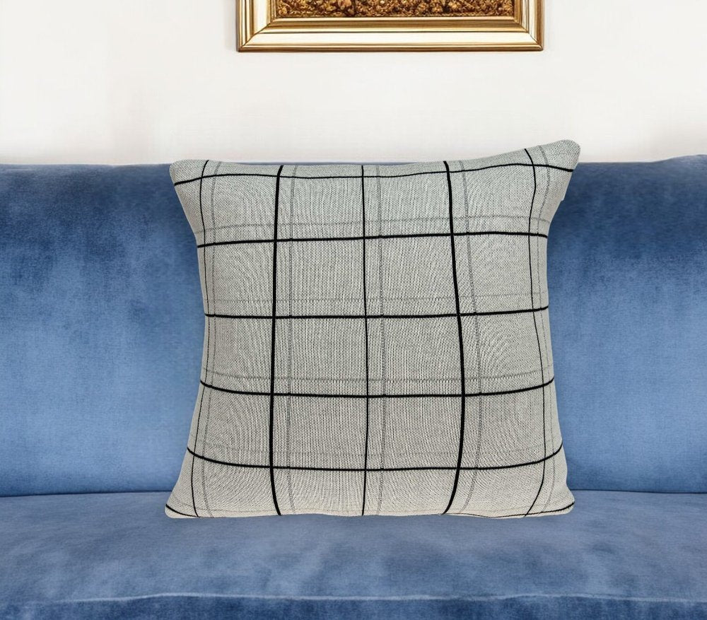 20" Gray Plaid Cotton Throw Pillow