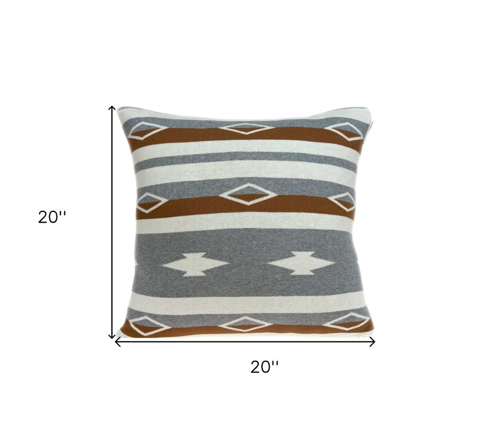 20" Brown Gray And Ivory Southwestern Cotton Throw Pillow