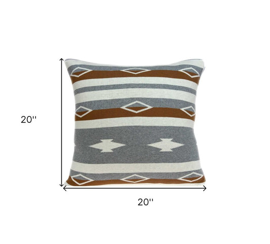 20" Brown Gray And Ivory Southwestern Cotton Throw Pillow