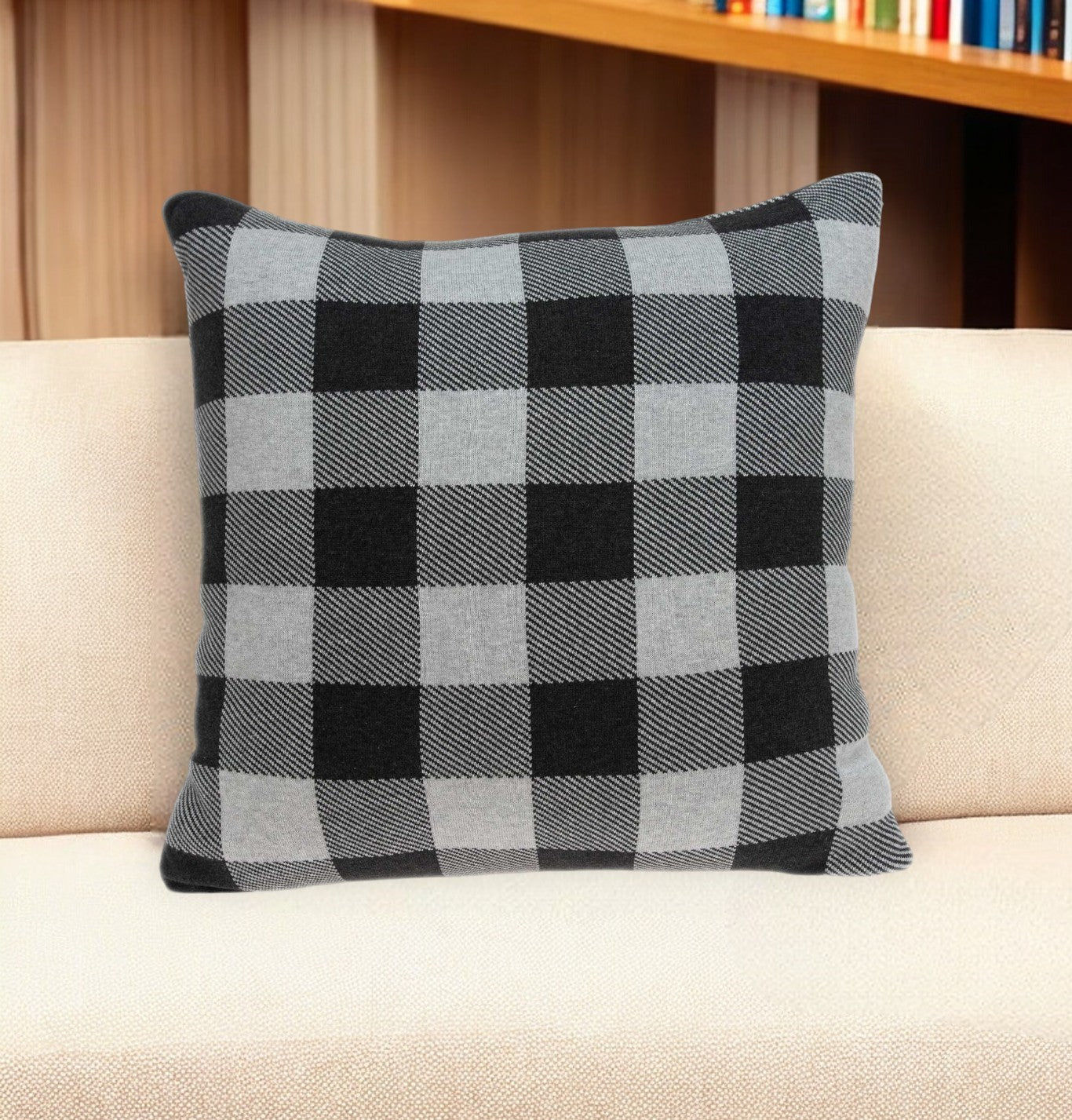 20" Gray Plaid Cotton Throw Pillow