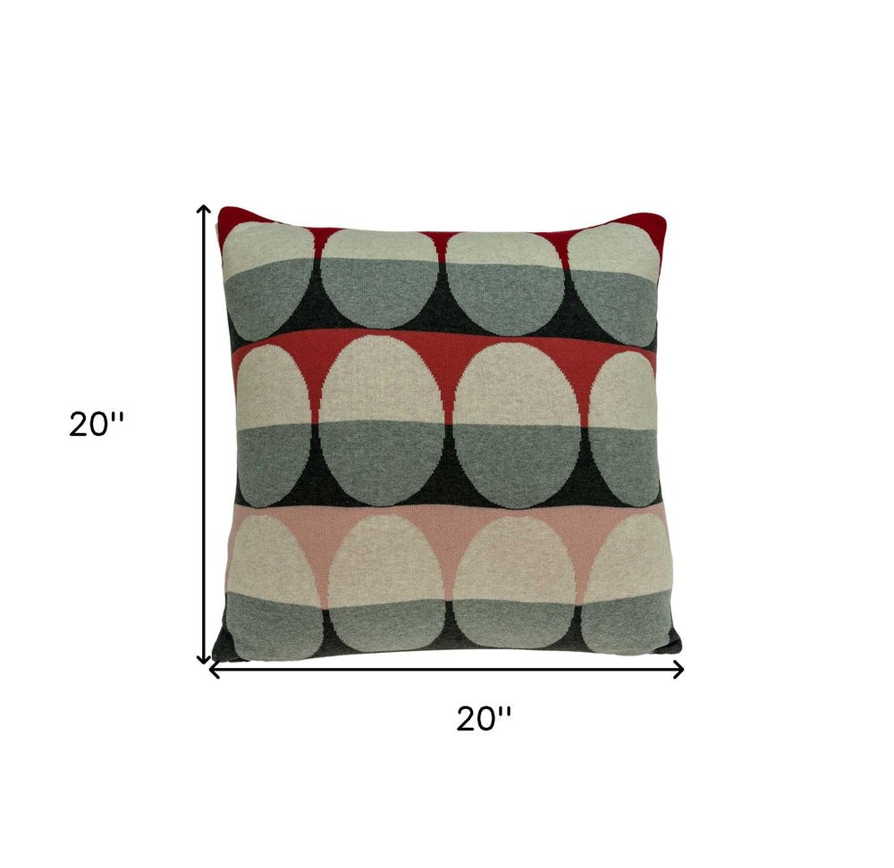 20" Gray Ivory And Red Geometric Cotton Throw Pillow