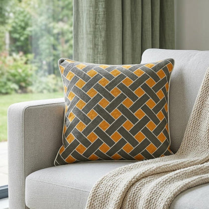 20" Gray and Orange Braided Cotton Throw Pillow