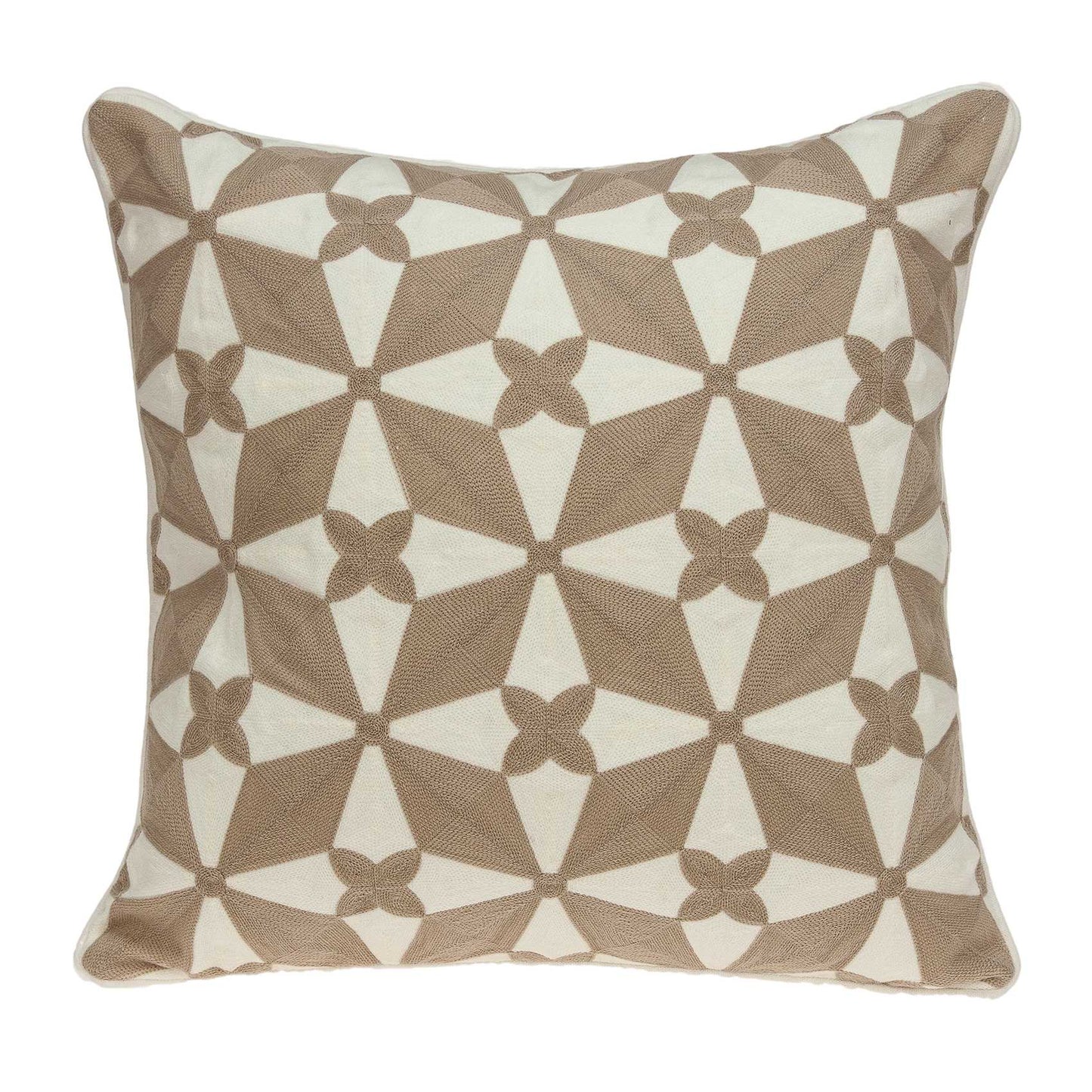 20" Beige and White Geometric Cotton Throw Pillow