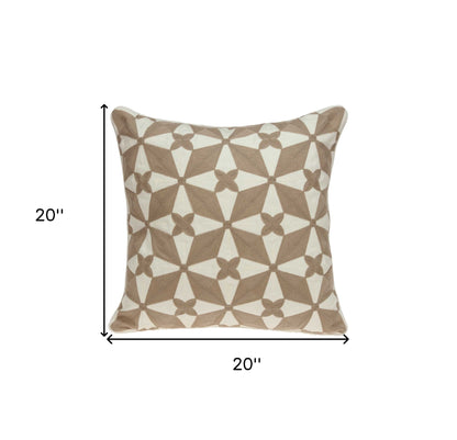 20" Beige and White Geometric Cotton Throw Pillow