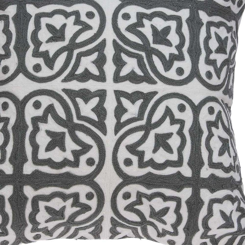 20" Gray And White Stencil Cotton Throw Pillow