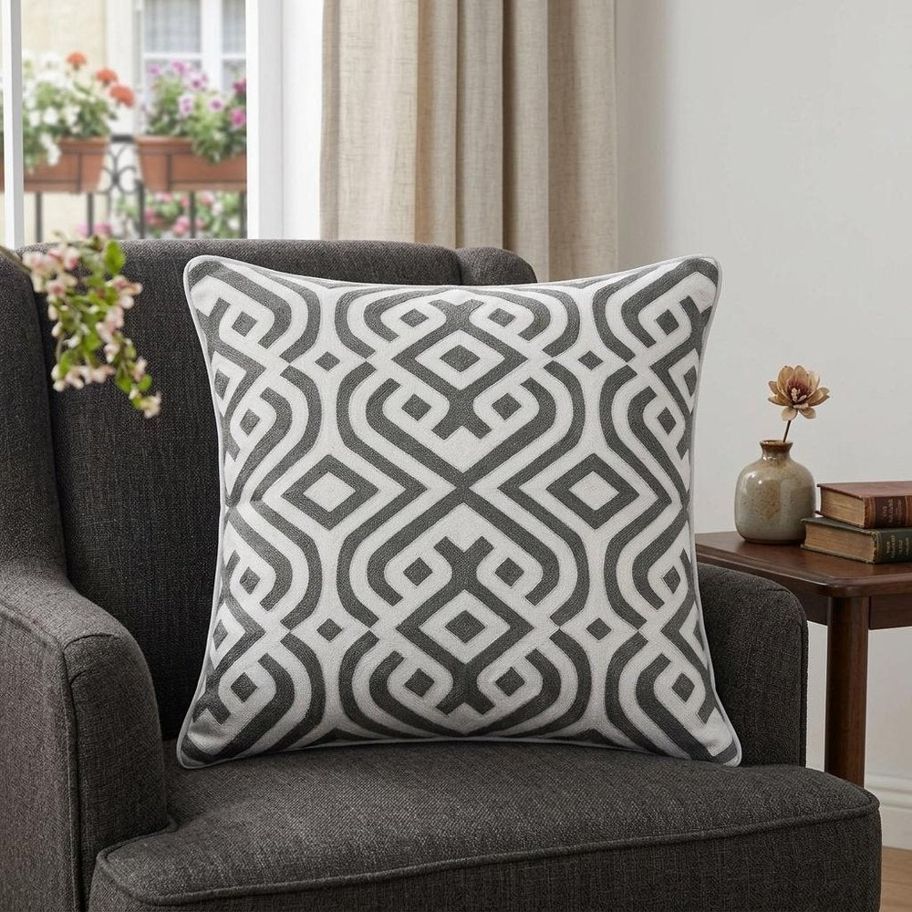20" Gray And White Stencil Cotton Throw Pillow