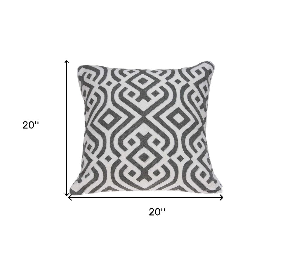 20" Gray And White Stencil Cotton Throw Pillow