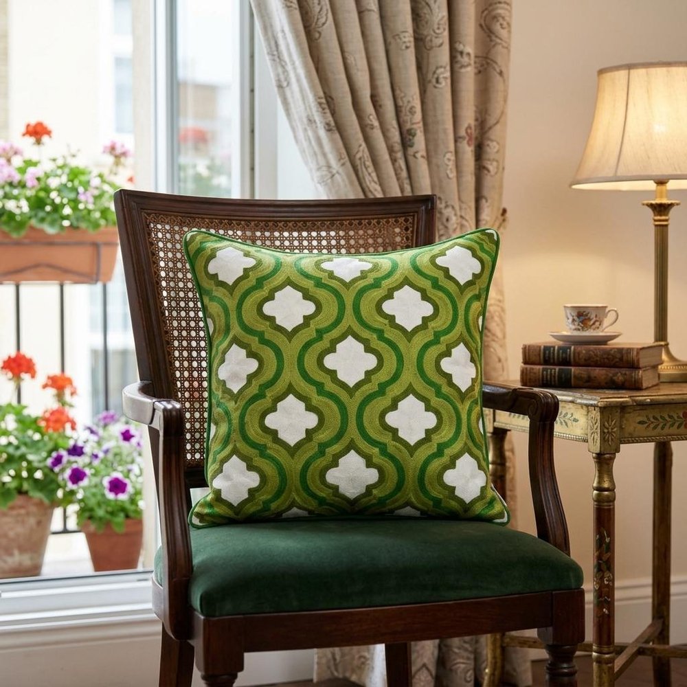 20" Green And White Quatrefoil Cotton Throw Pillow