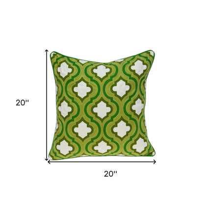20" Green And White Quatrefoil Cotton Throw Pillow