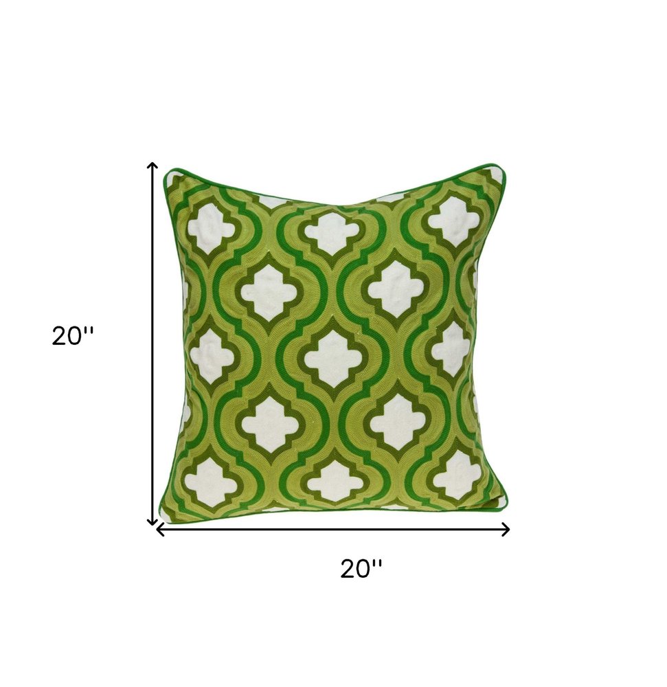 20" Green And White Quatrefoil Cotton Throw Pillow