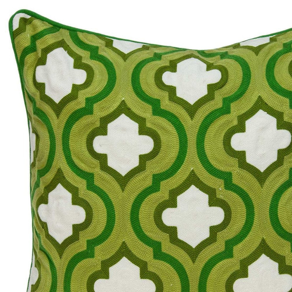 20" Green And White Quatrefoil Cotton Throw Pillow