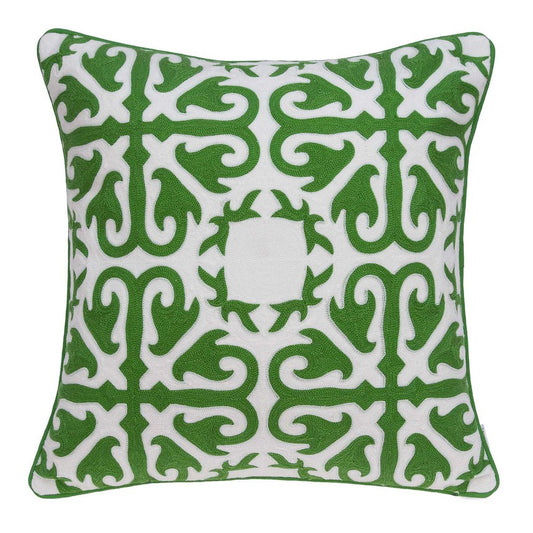 20" Green And White Stencil Cotton Throw Pillow