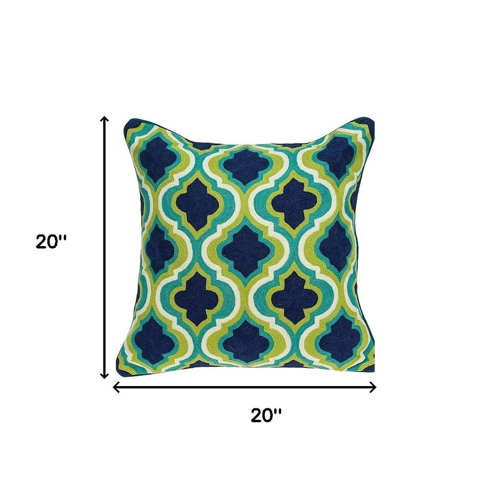 20" Navy Blue Yellow And Teal Quatrefoil Cotton Throw Pillow