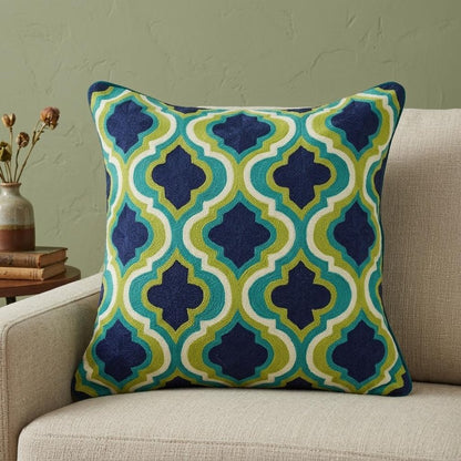 20" Navy Blue Yellow And Teal Quatrefoil Cotton Throw Pillow