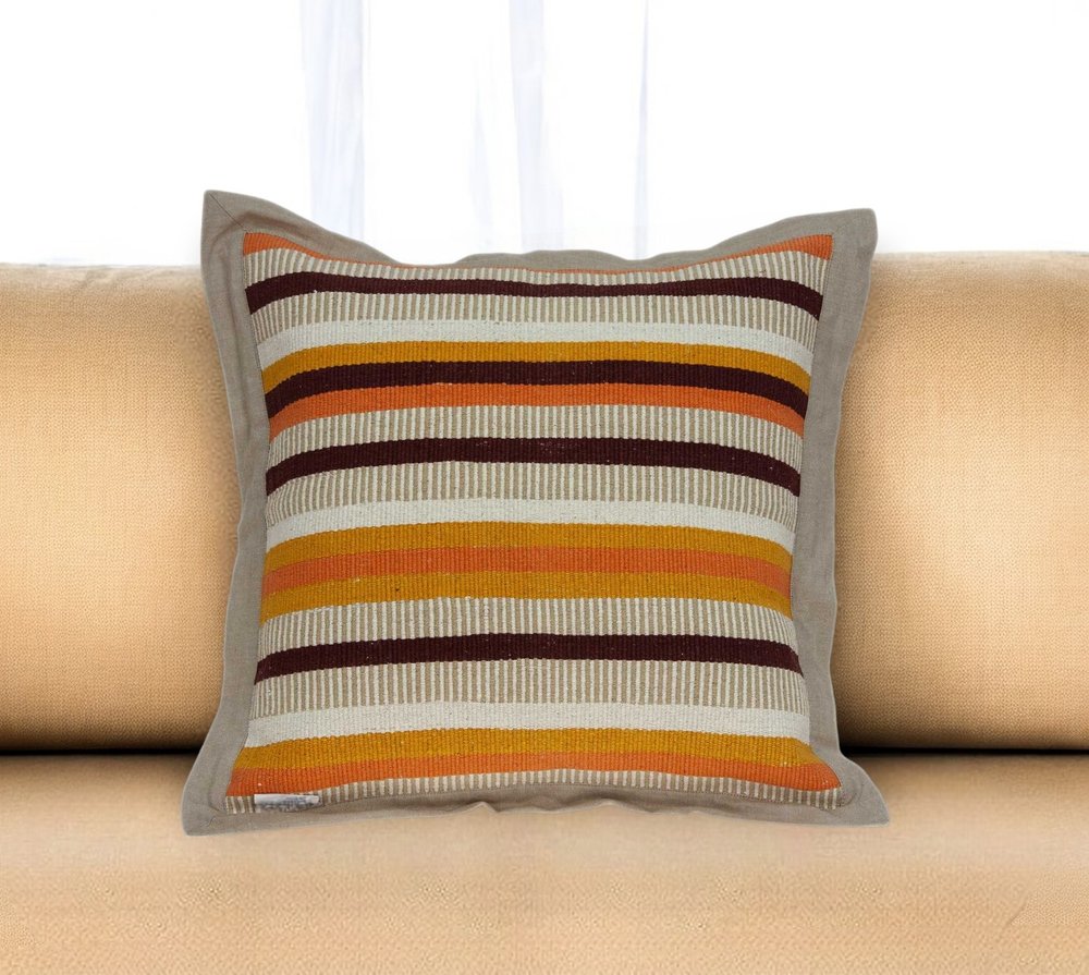 20" Beige Brown And Orange Striped Cotton Blend Throw Pillow