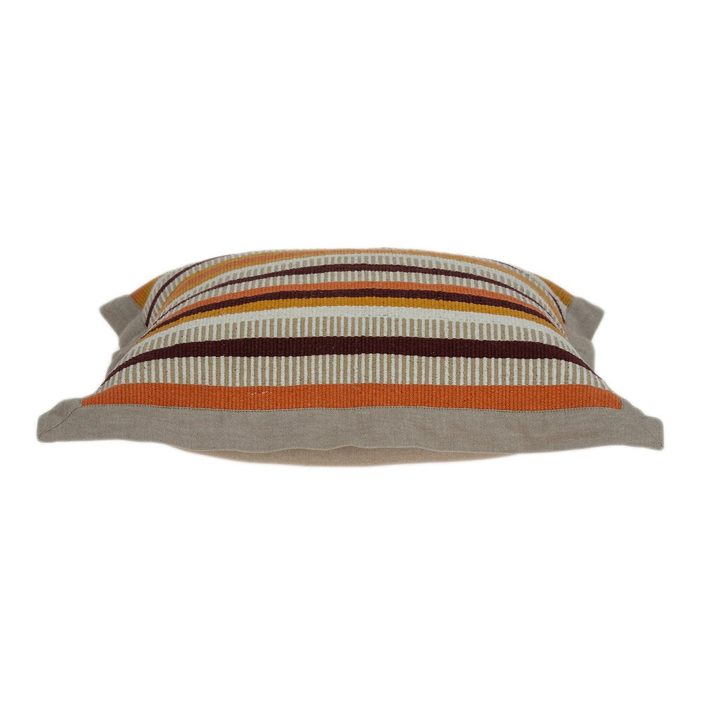 20" Beige Brown And Orange Striped Cotton Blend Throw Pillow