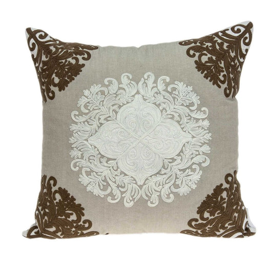 20" Beige Damask Cotton Throw Pillow