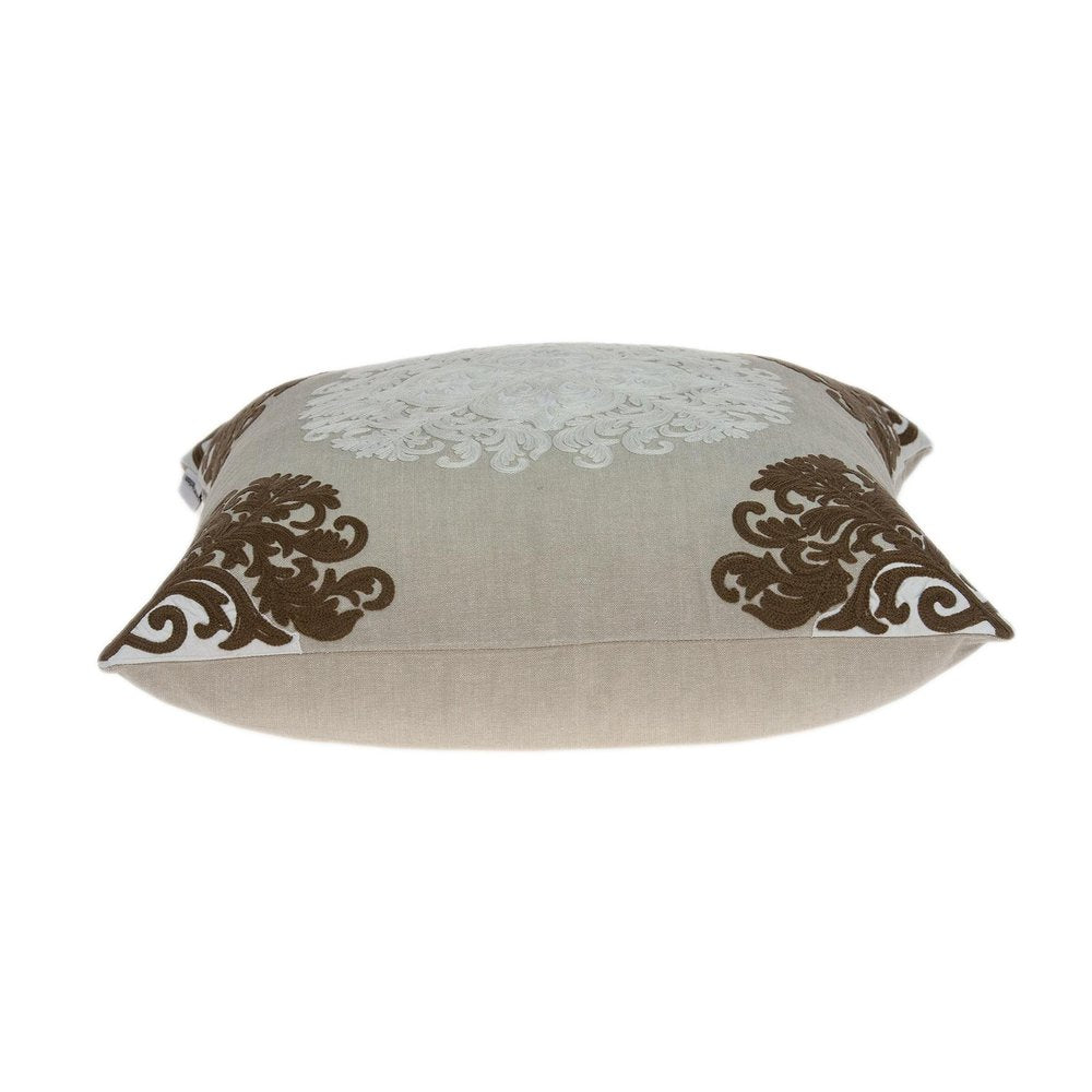 20" Beige Damask Cotton Throw Pillow