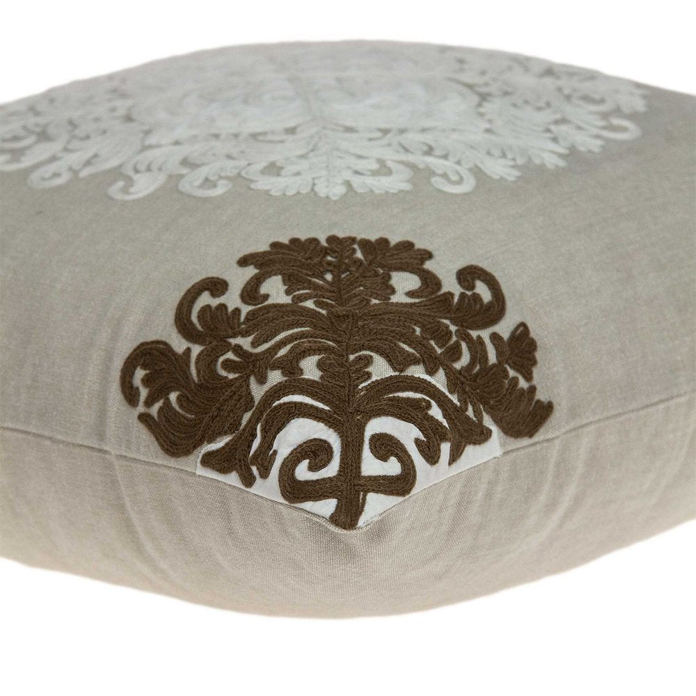 20" Beige Damask Cotton Throw Pillow
