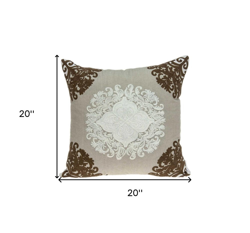 20" Beige Damask Cotton Throw Pillow