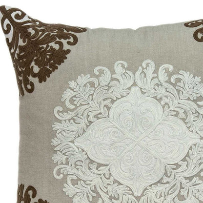 20" Beige Damask Cotton Throw Pillow