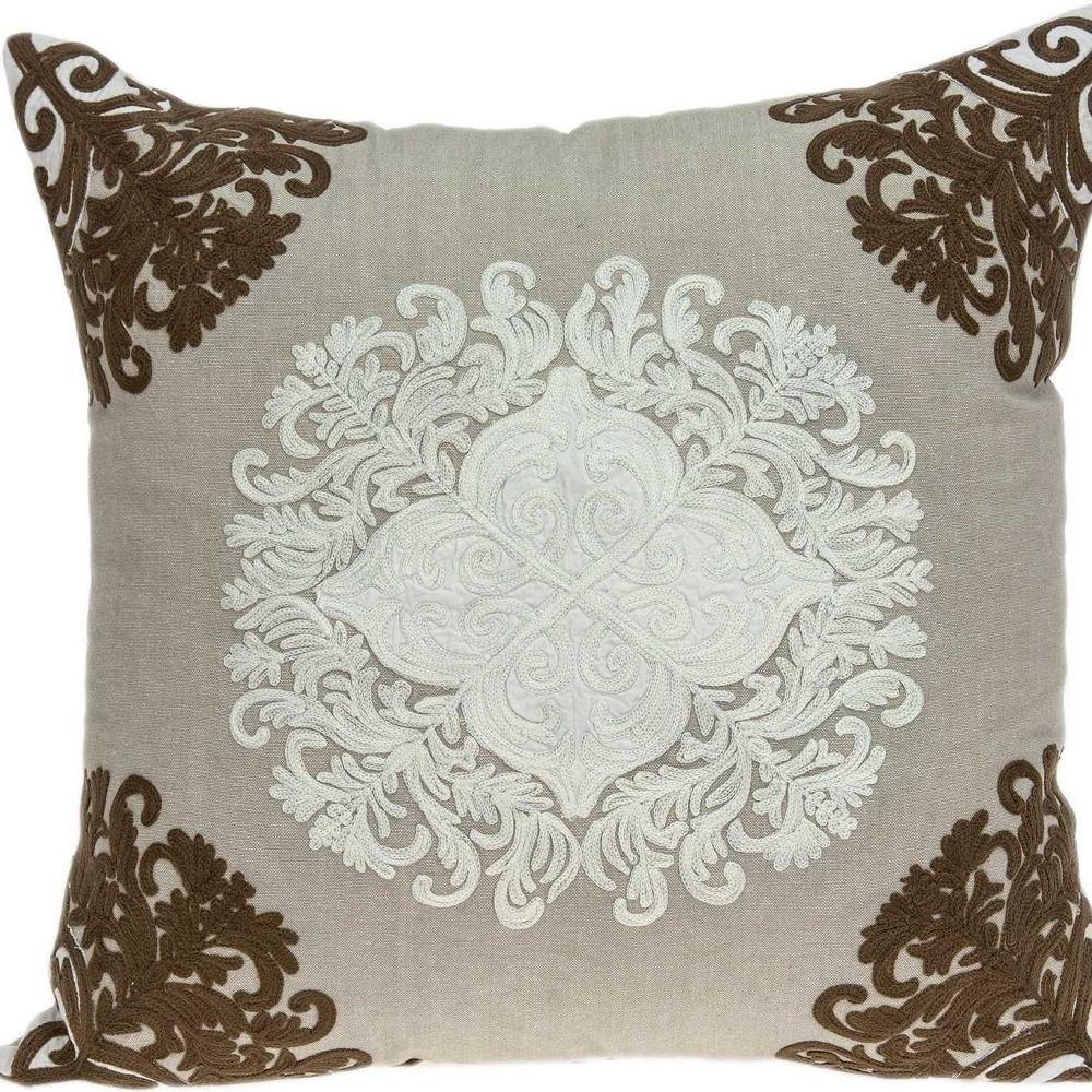 20" Beige Damask Cotton Throw Pillow