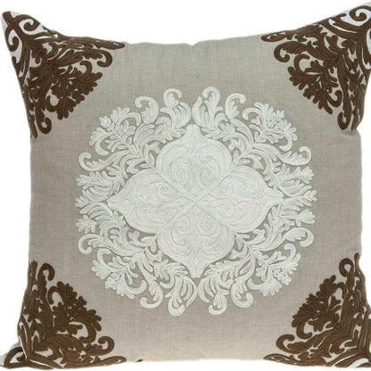20" Beige Damask Cotton Throw Pillow