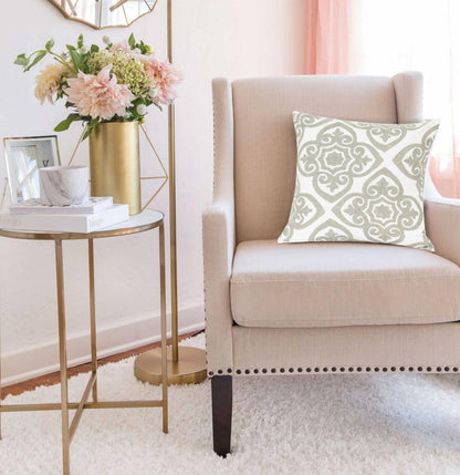 20" Ivory Damask Cotton Throw Pillow