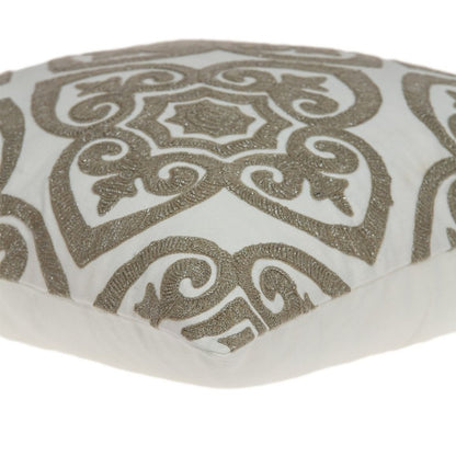 20" Ivory Damask Cotton Throw Pillow