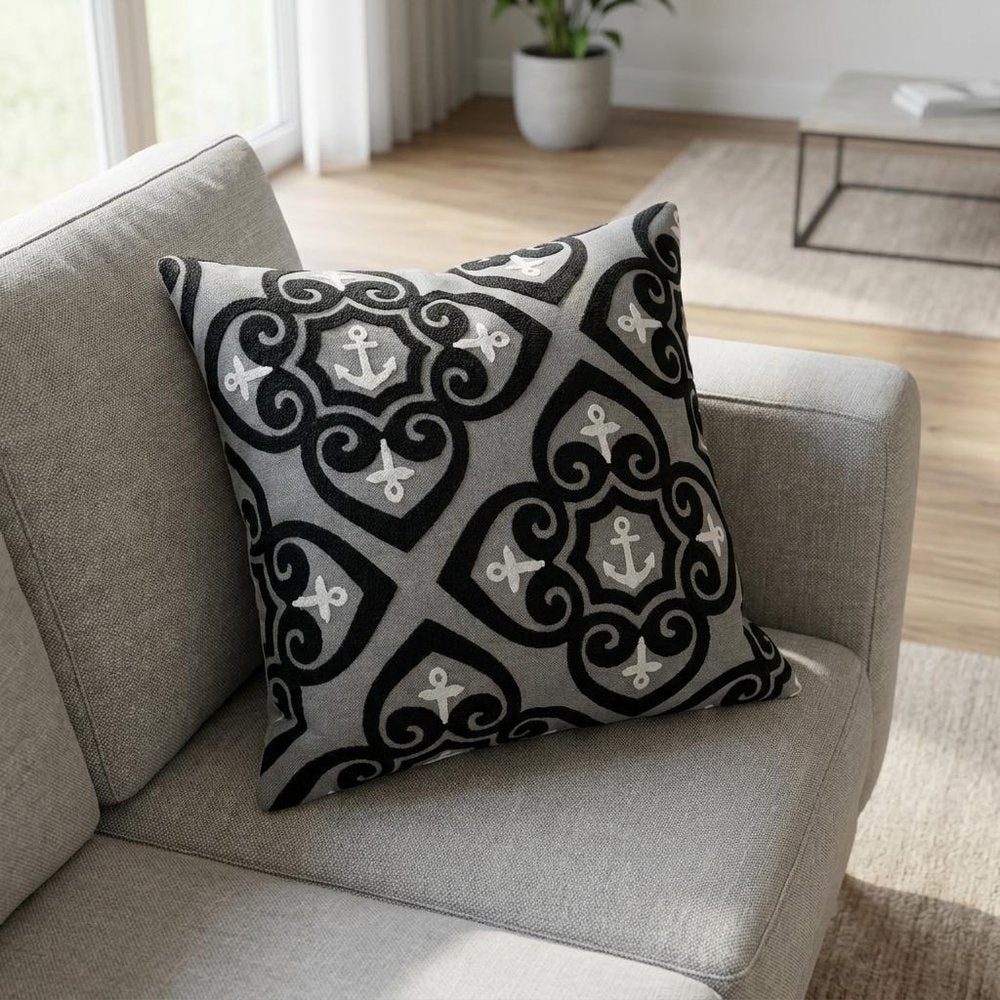 20" Ivory Damask Cotton Throw Pillow